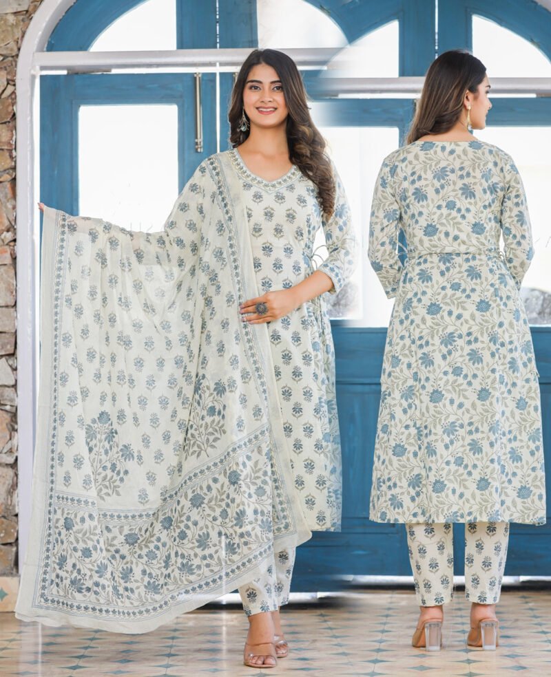 Elegant Blue Floral Poly Rayon Kurta Set (3-Piece) - Image 7