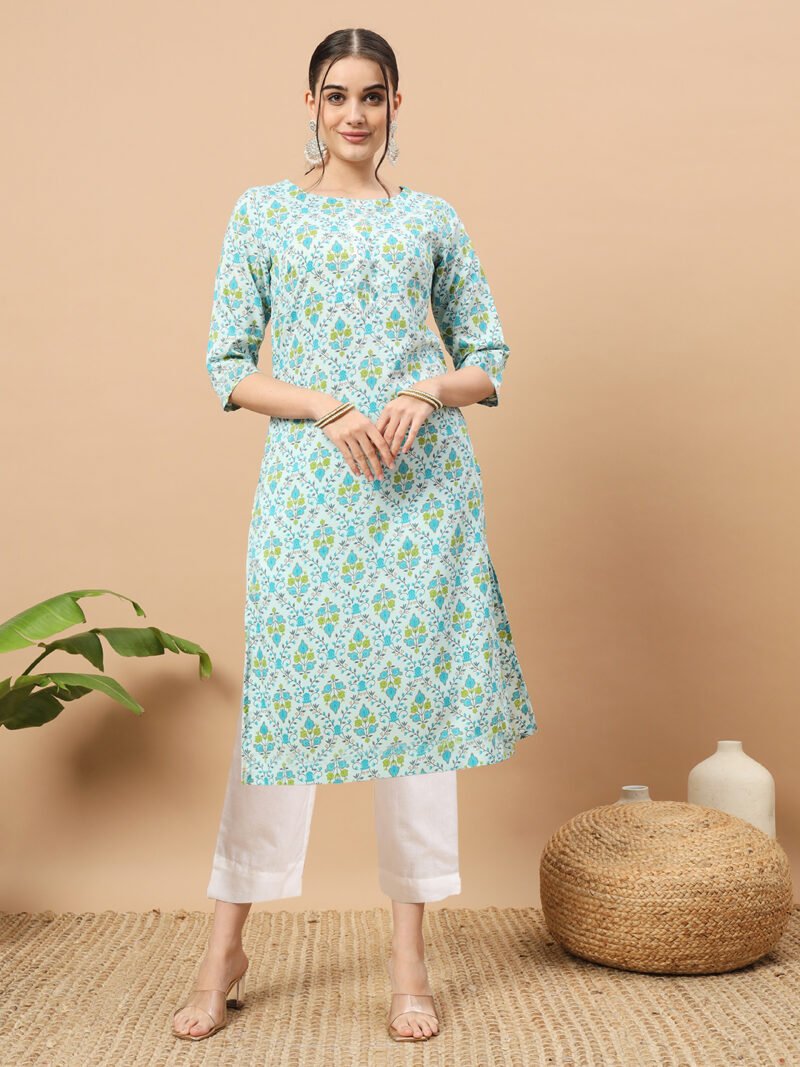 Elegant Sky Blue Floral Kurti (1-Piece) - Image 2