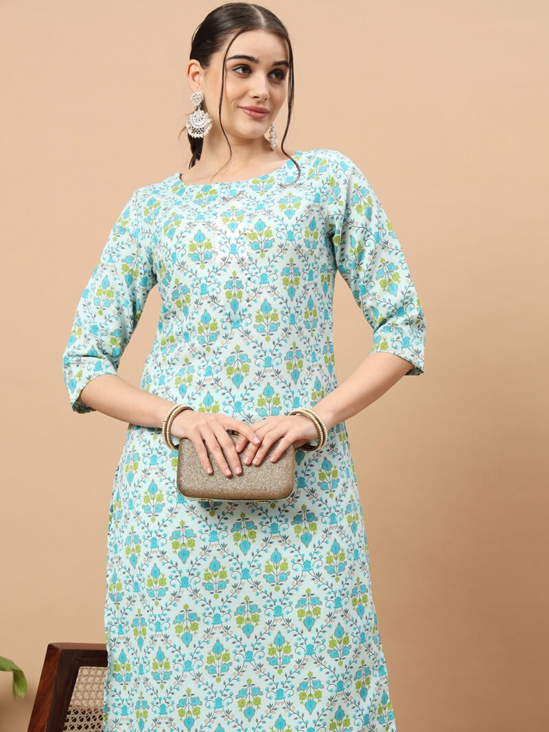 Elegant Sky Blue Floral Kurti (1-Piece)