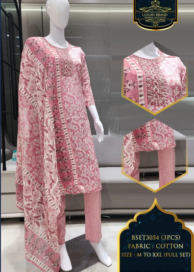 Elegant Pink Floral Cotton Kurta Set (3-Piece)