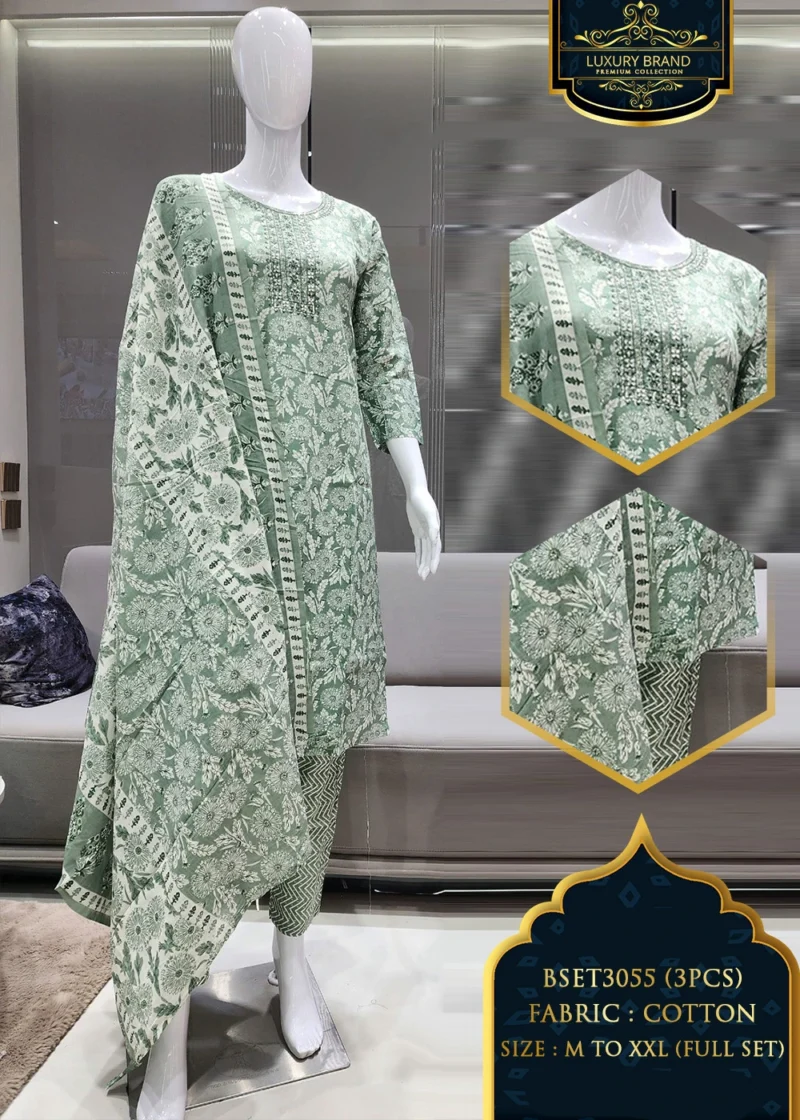 Graceful Green Floral Cotton Kurta Set (3-Piece)