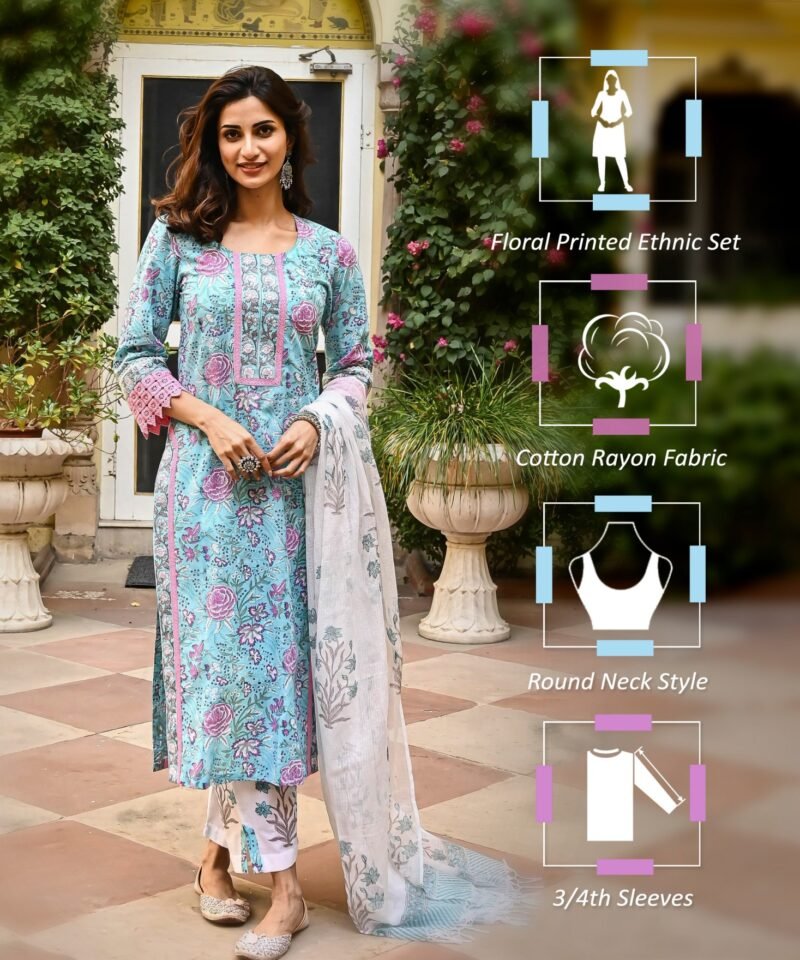 Elegant Blue Floral Cotton Kurta Set (3-Piece) - Image 2