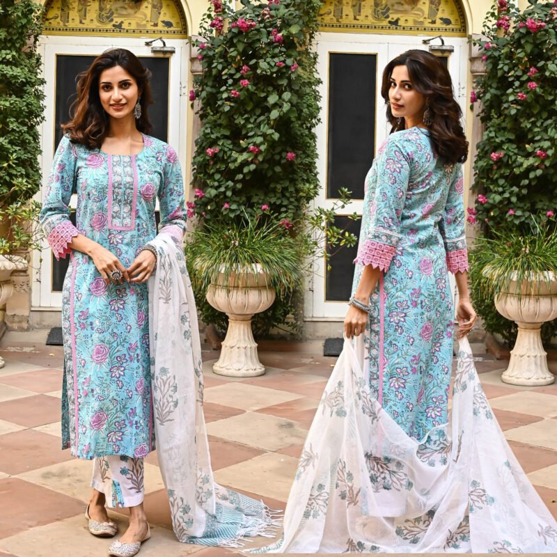 Elegant Blue Floral Cotton Kurta Set (3-Piece) - Image 6