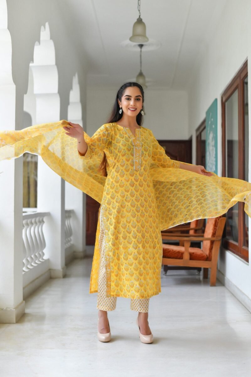 Radiant Yellow Printed Poly Rayon Kurta Set (3-Piece) - Image 3