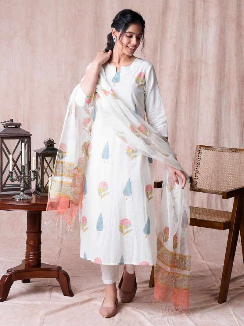 Graceful White Printed Poly Rayon Kurta Set (3-Piece) - Image 3