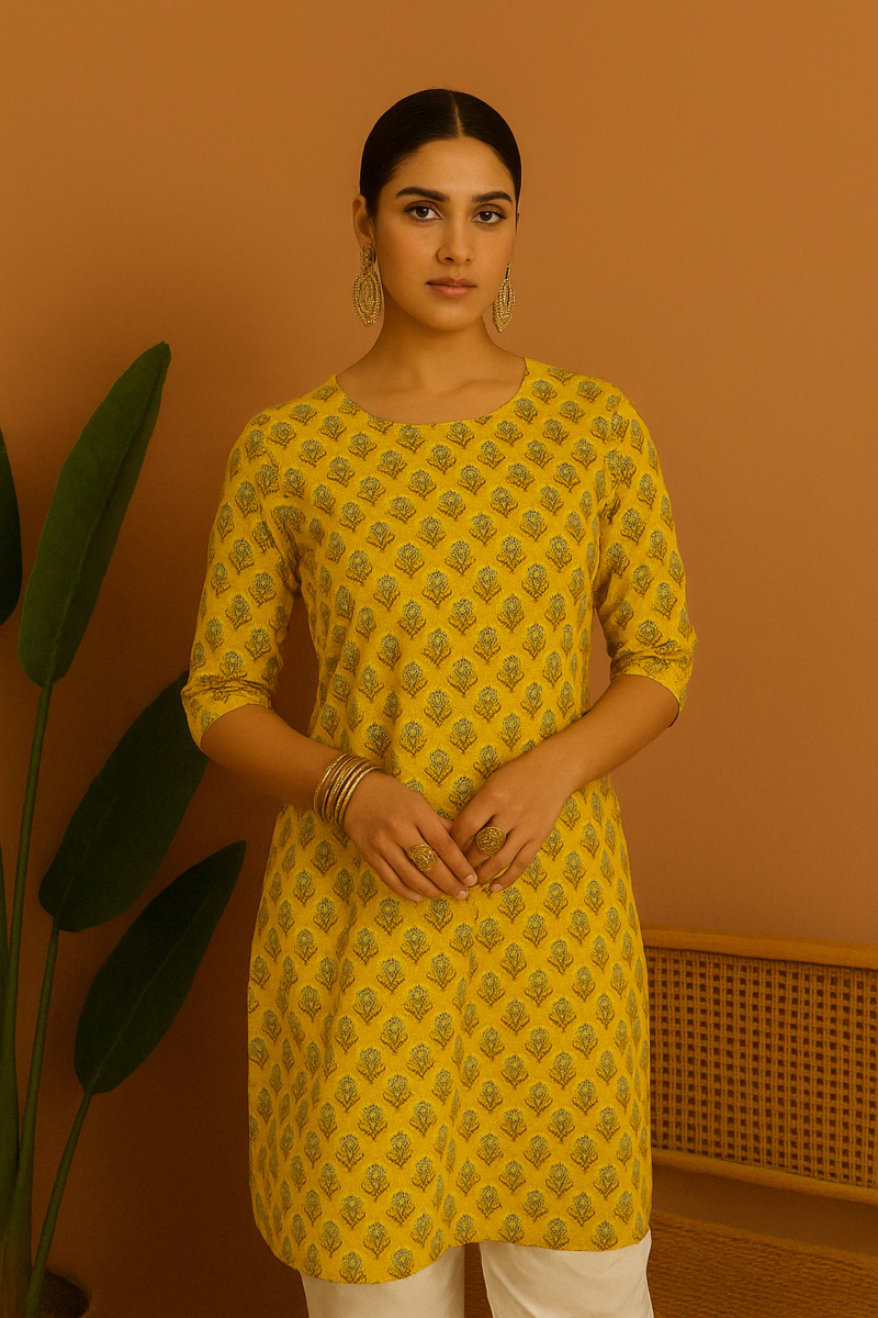 Elegant yellow Printed Rayon Kurti (1-Piece)