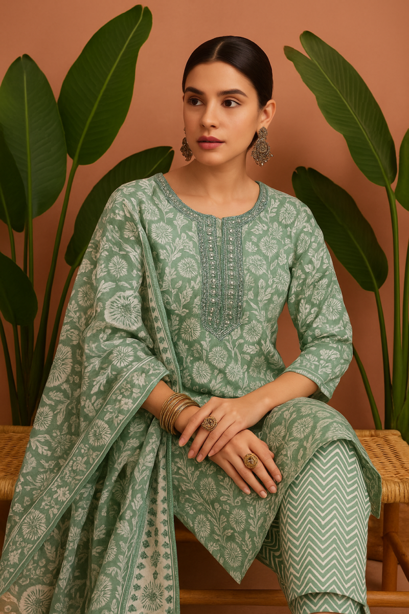 Graceful Green Floral Cotton Kurta Set (3-Piece)