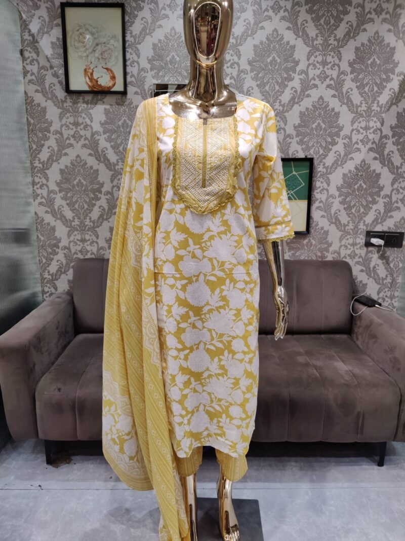 Elegant yellow Floral Cotton Kurta Set (3-Piece)