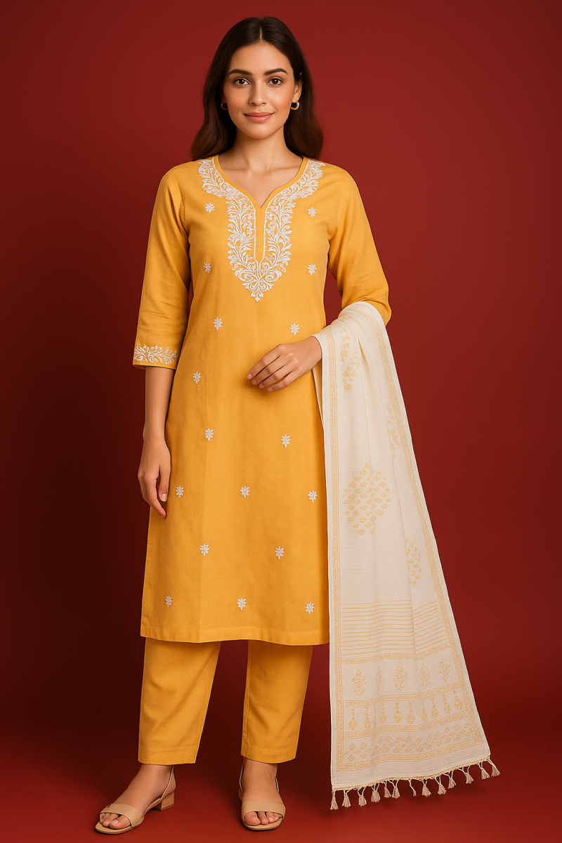 Sunshine Yellow Cotton Kurti Set with White Embroidery - Image 6