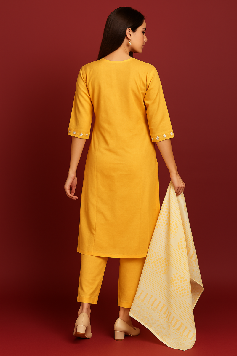 Sunshine Yellow Cotton Kurti Set with White Embroidery - Image 5