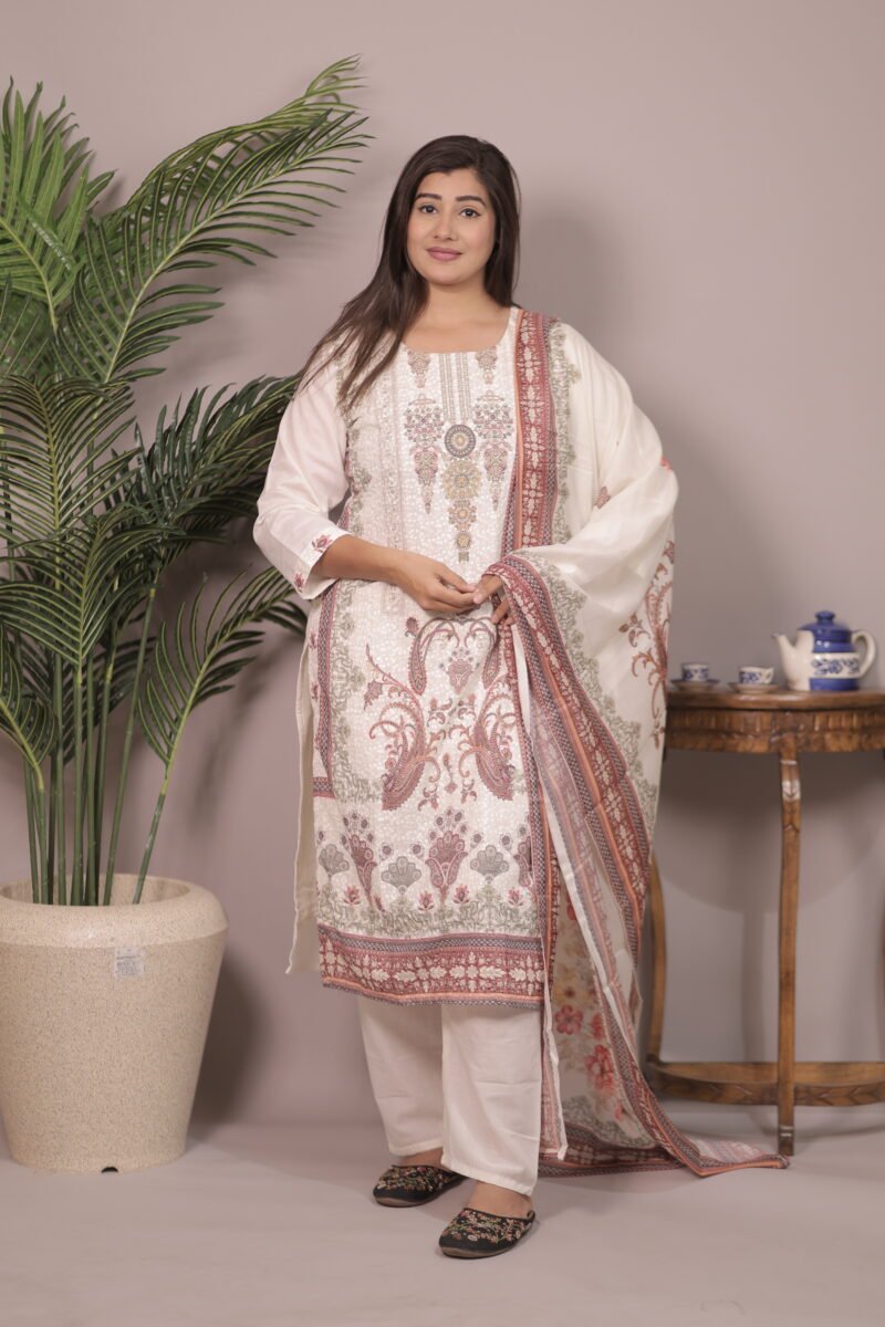 Elegant Off-White Shilpi Work Cotton Kurti Set with Digital Print Dupatta - Image 2