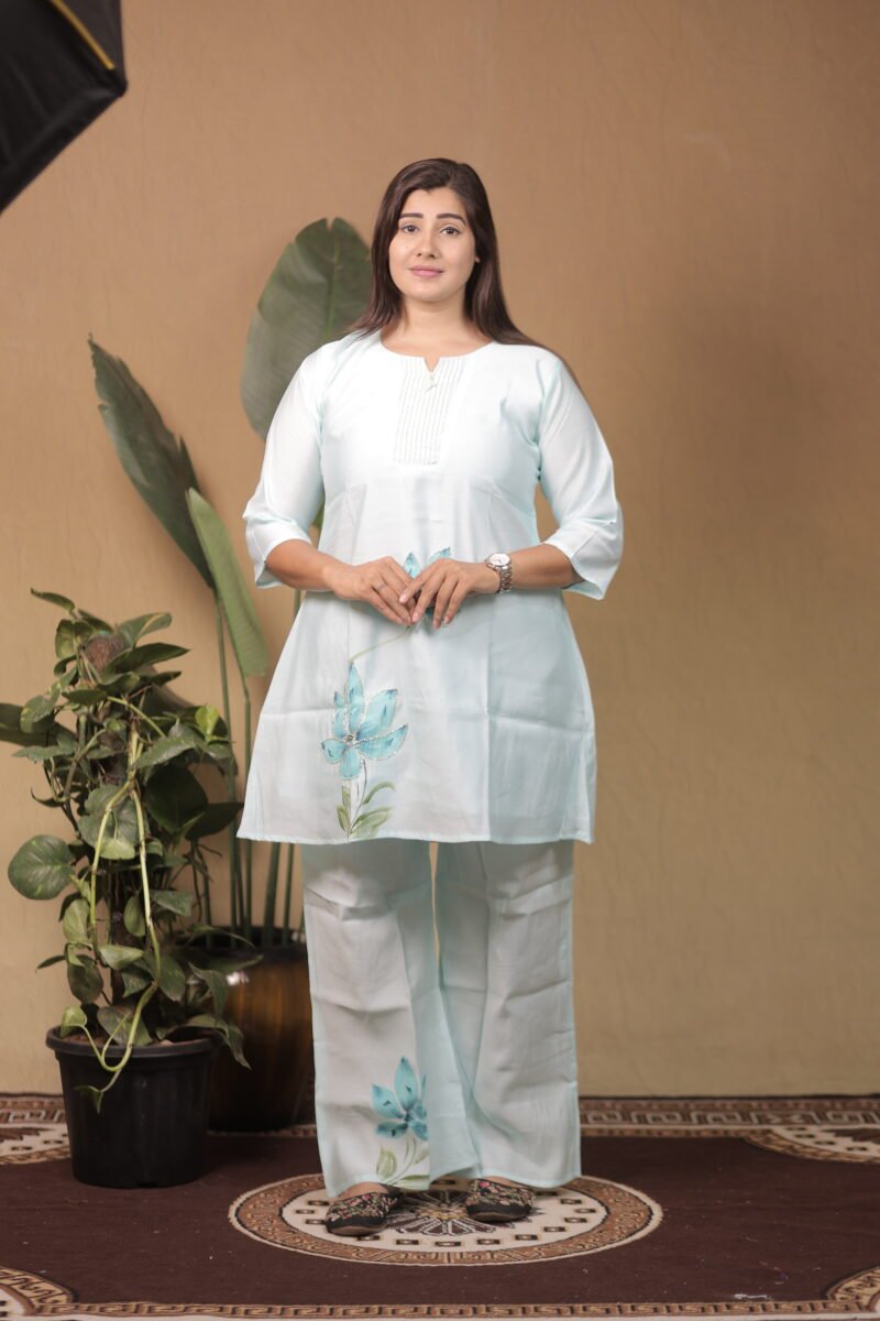 Aqua Bloom Roman Silk Kurti Set with Brush Print - Image 3