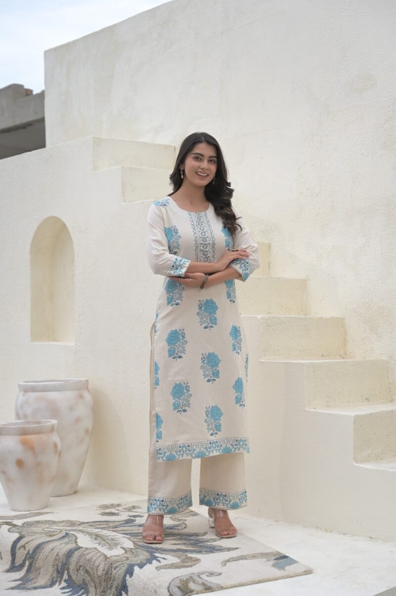 Beige Blue Floral Printed Cotton Flex Kurti with Pant Set - Image 2