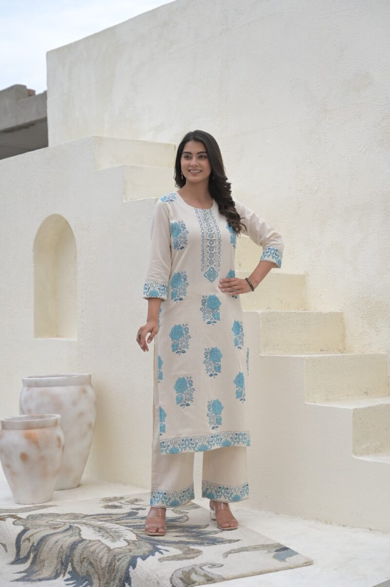 Beige Blue Floral Printed Cotton Flex Kurti with Pant Set