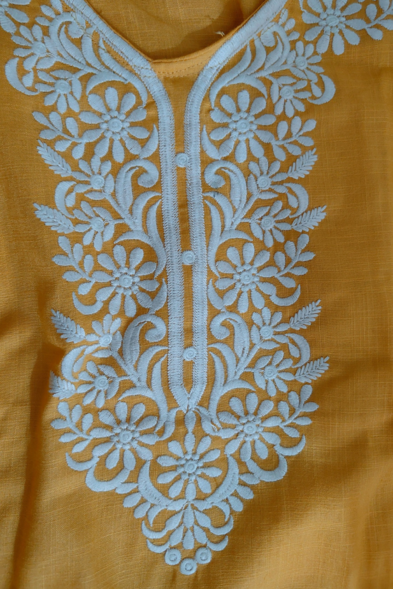 Sunshine Yellow Cotton Kurti Set with White Embroidery - Image 2