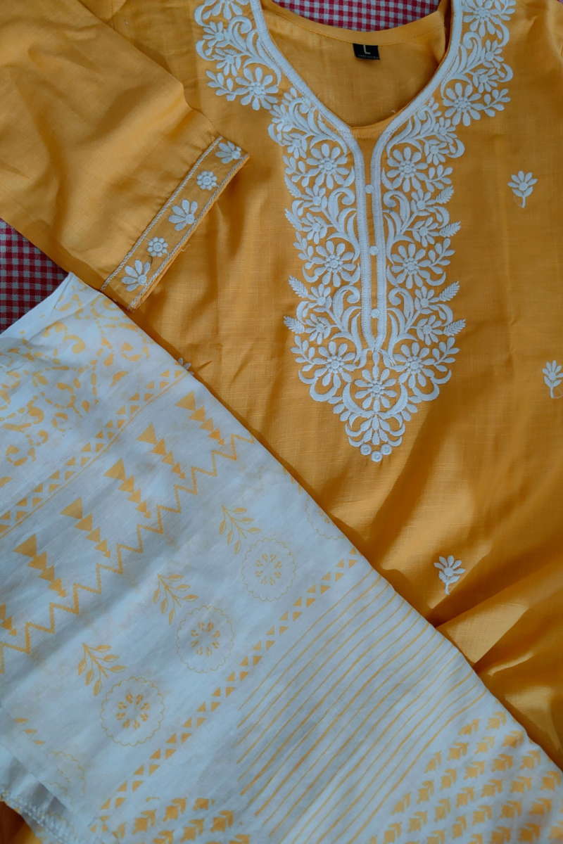 Sunshine Yellow Cotton Kurti Set with White Embroidery - Image 4