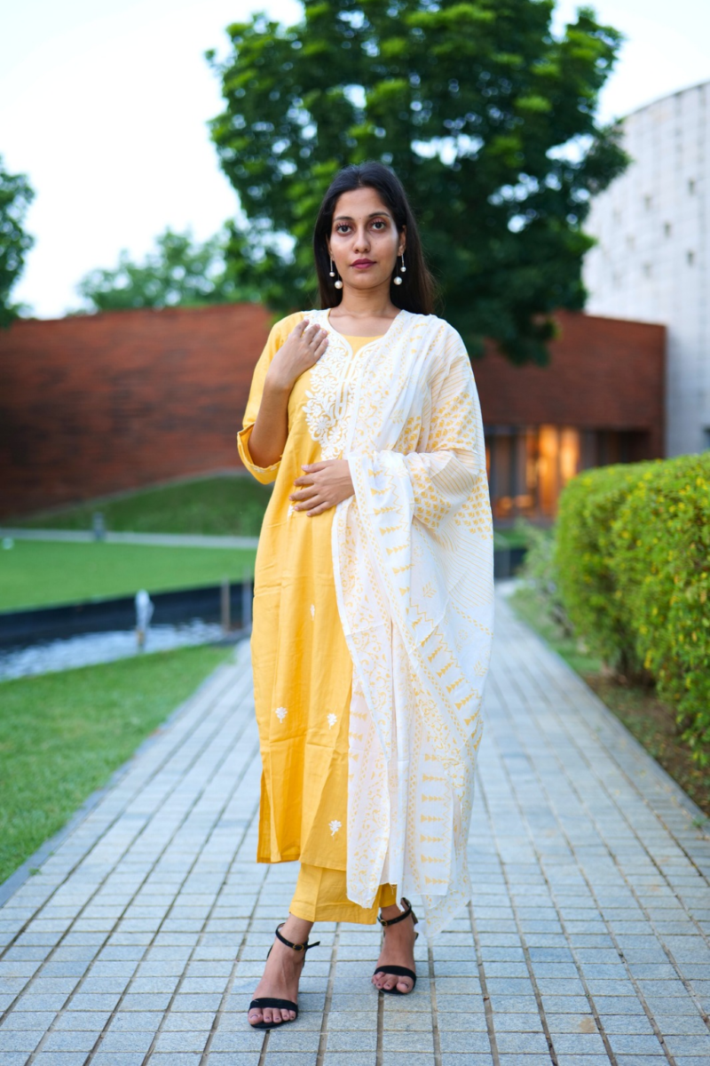 Sunshine Yellow Cotton Kurti Set with White Embroidery