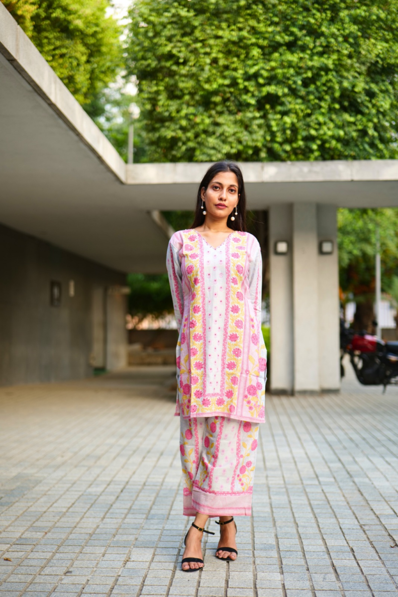 Pure Linen Pink Co-Ord Set with Handwork