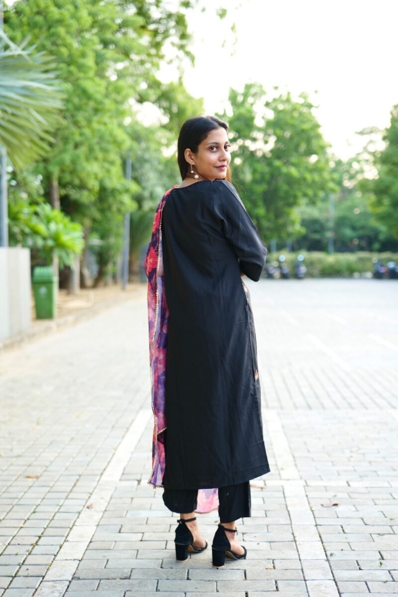 Black Cotton Embroidered Kurti Set with Floral Digital Dupatta - Image 3