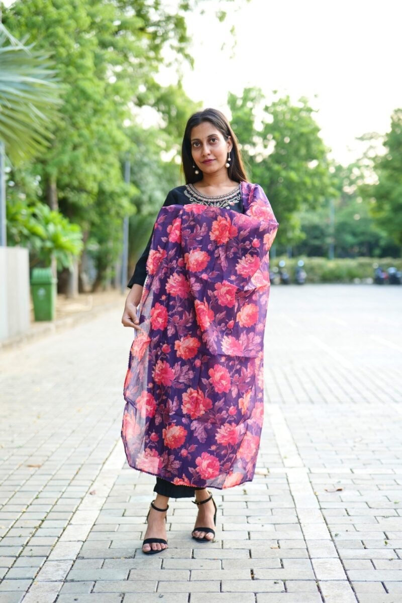 Black Cotton Embroidered Kurti Set with Floral Digital Dupatta - Image 4