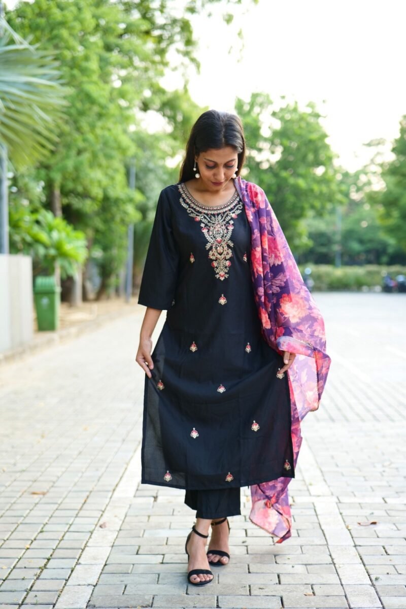 Black Cotton Embroidered Kurti Set with Floral Digital Dupatta - Image 2